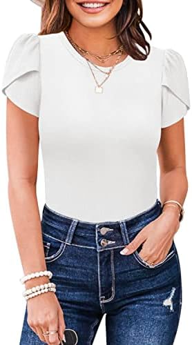MISSJOY Womens Summer Short Sleeve Bodysuits Crew Neck Ribbed Petal Sleeve Stretchy Slim Fit Leotards Tops