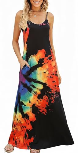 Image of Supnier Women's Summer Maxi Dress Casual V-Neck Sleeveless Bohemian Spaghetti Strap Floral Long Maxi Dress with Pockets