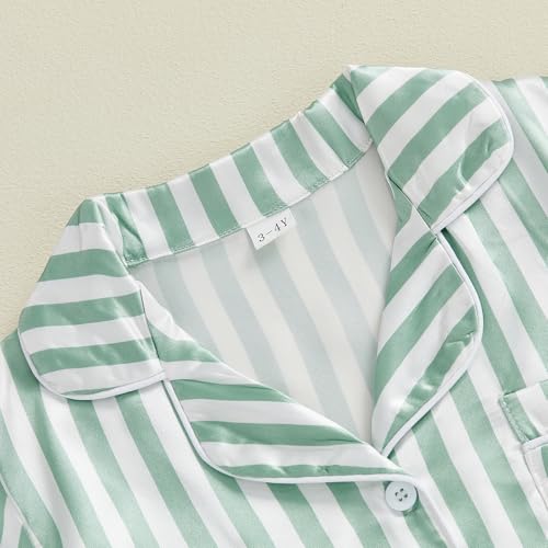 Douhoow Kids Toddler Baby Girls Pajamas Silk Satin Short Sleeve Botton Down Shirt Tops Shorts Set Summer Sleepwear Lounge Pjs (Green Striped, 2-3 Years)