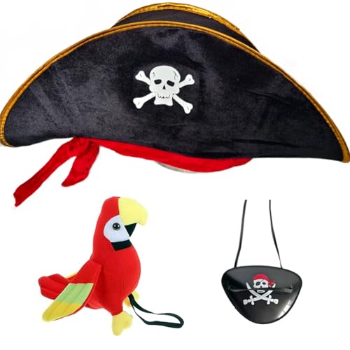 3Pcs Pirate Hat & Stuffed Shoulder Parrot & Eye Patches, Pirate Costume Accessories Pirate Skull Print Pirate Patch for Woman Men Kids Adults for Halloween School Shows and Cosplay Props