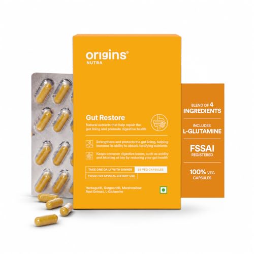 Image of Origins Nutra Gut Restore | Supports Gut Lining & Digestive Health | Eases Bloating, Constipation & IBS | Made with L-Glutamine, Marshmallow, Herbagut & GutGard | 28 Veg Capsules (Pack of 1)