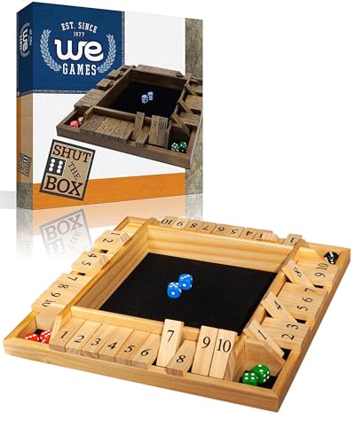 WE Games Wooden Shut The Box Game 4 Player - 10 Number Tiles & 8 Dice - Large 14-Inch, Natural Wood Finish