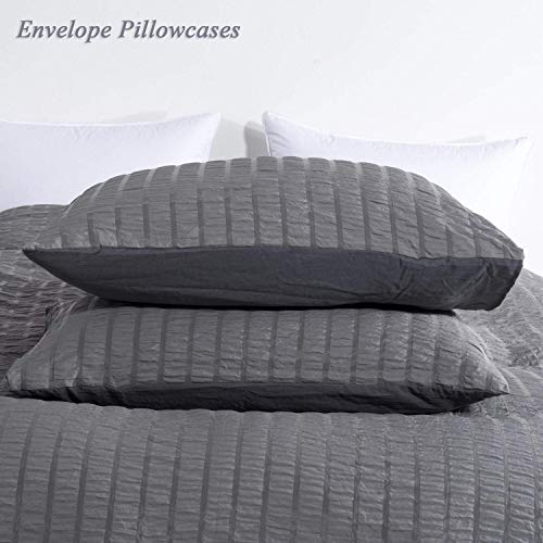 Cozyholy 3 Pieces Seersucker Duvet Cover Sets Queen Grey Textured Bedding Duvet Covers Lightweight Soft Microfiber Bedding Set With Zipper Closure Corner Ties #TOP3