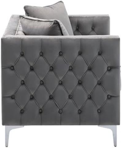 BOWERY HILL Tufted Velvet Loveseat, Transitional Style, Gray Upholstery, 2 Throw Pillows, Handmade Nailhead Trim, Chrome Legs, Foam Seats, Button Tufting, Low Back, Living Room Seating