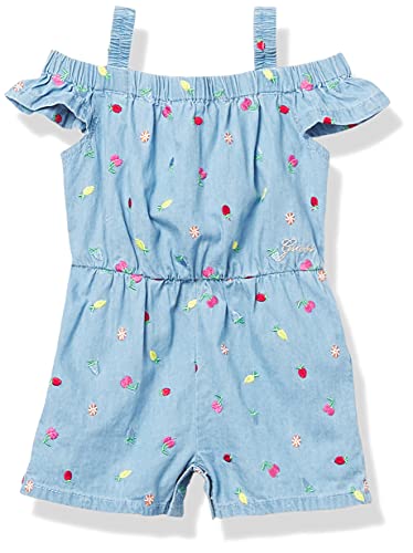 GUESS Baby Girls Embroidered Soft Chambray Pull on Romper, Blue, 0 3M