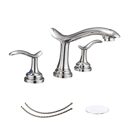 Bathfinesse 3 Hole Bathroom Sink Faucet 8 Inch Widespread 2-Handle Lavatory Vanity Faucets with Metal Pop up Drain Stopper Chrome Finish Supply Lines Hose Lead-Free