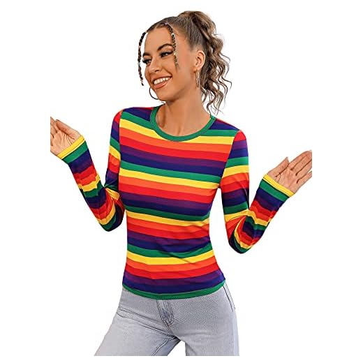 Milumia Women's Casual Striped Tee Ribbed Knit Slim Fit Long Sleeve T Shirts Rainbow Small