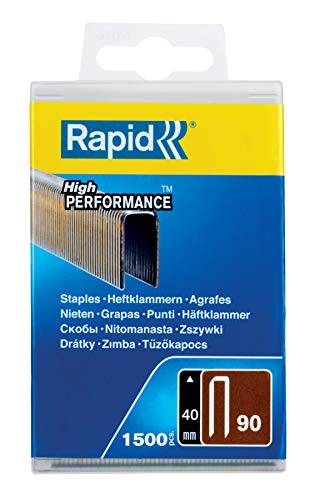 Rapid - Agrafes pour Bois, N°90 à Couronne Étroite, Longueur de Pattes 40 mm, pour Pistolets Agrafeurs, Acier Galvanisé, Lot de 1500, Emballage Boîte en Plastique (5000127)