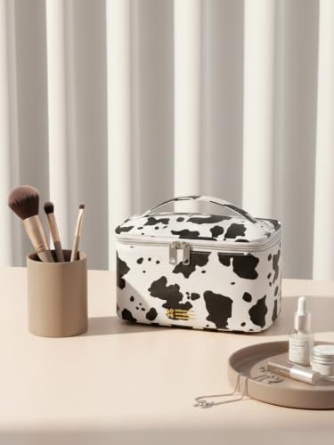 Image of Cute Makeup Bag Small Travel Cosmetic Bags for Women Teen Girls Medium Pouch Toiletry Bag PU Waterproof Organizer Case (Cow)