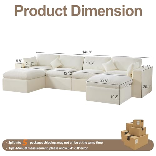 Image of 146''Cloud Boneless Sectional Couch, Modular Sectional Sofa Deep Seat with 2 Ottomans, Oversized Upholstered Convertible Comfy 6 Seater Chenille Sofa U Shape Couches for Living Room, Beige