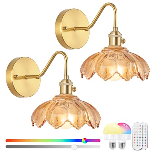Image of Vintage Glass Sconces, Battery Operated Wall Light with Remote, Rechargeable Wall Sconces RGB, No Socket Required, Easy to Install, Vintage Wall Sconce for Bedroom, Hallway, Aisle