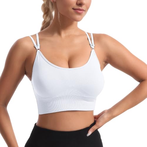 Atxnn Damen Sport BH Einstellbarer Schultergurt Yoga Bra Push up Bustier Crossback Nahtlose ohne Buegel mit Abnehmbaren Gepolstert für Fitness Lauf Joggen, Weiss M