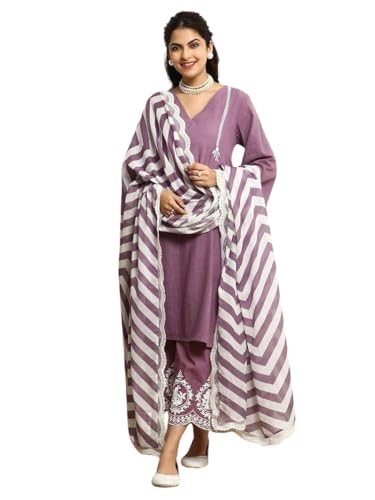 Image of Women's Cotton Embroidered Straight Kurta & Pant with Dupatta Set (Purple)