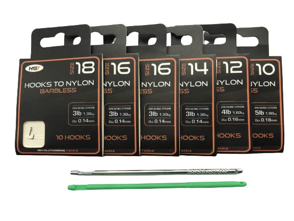 TFS Angling 60 X NGT Barbless Hooks to Nylon.Sizes 18,16,14,12,10, plus Aluminium & Plastic Disgorgers.