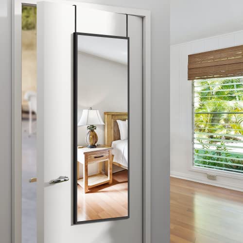Image of NeuType Over The Door Mirror Full Length Mirror Hanging Over Door or Leaning Against Wall or Mounted On Wall, Aluminum Alloy Frame,Metal Hanger, 55 inchx16 inch, Black