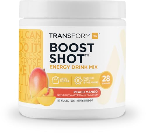 Image of TransformHQ Energy & Focus Powder (Peach Mango) - Boost Shot Clean Energy Drink Mix - Sugar Free - Non-GMO, Gluten-Free - 28 Servings