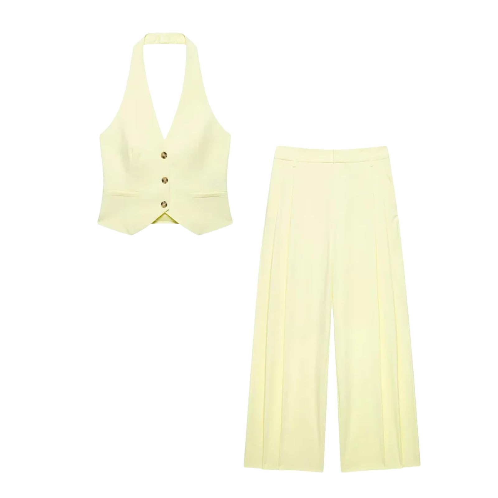 Completo da donna giallo chiaro con bottoni dorati e pantaloni a gamba larga plissettati a due pezzi