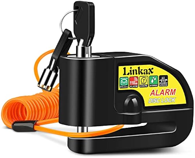 Motorcycle Alarm Disc Brake Lock, Accesorios para Motos, Linkax Motorcycle Locks Anti-Theft Security Wheel Lock 110dB Alarm Sound with Reminder Cable and Carry Pouch for Motorbike Dirt Bike Scooter