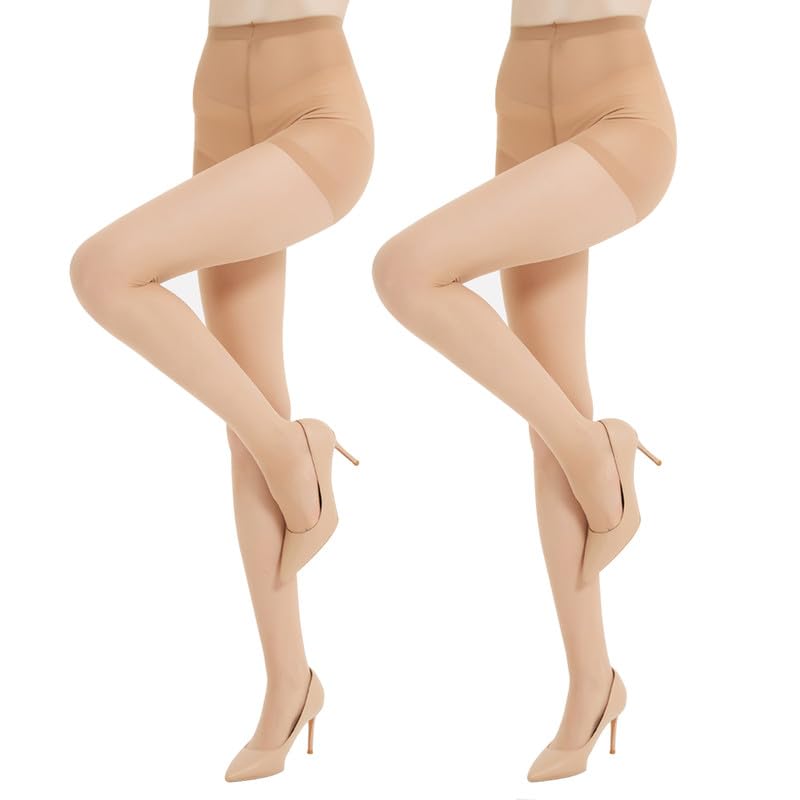 2Pairs Rip Resistant Sheer Tights for Women - 20 Denier Control Top with Reinforced Toes Pantyhose