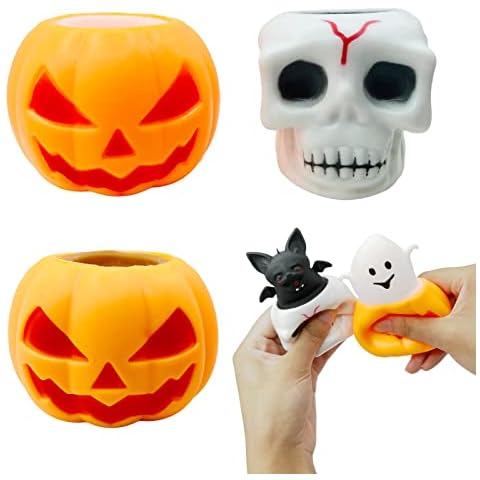 ASMFUOY 4 Pcs Pumpkin Cup and Skull Sets Stress Relief Ghost Cup Squishes Toy Kids Adult Funny Squeeze Toys Gift for Halloween Cover