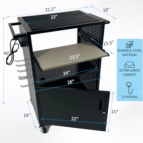 Goyappin AV Cart with Wheels and Power, Media Cart with Pegboard Siding & 12 Hooks, with Locking Cabinet & Pullout Keyboard Tray, Rolling Computer Cart, Mobile Workstation, Utility Cart