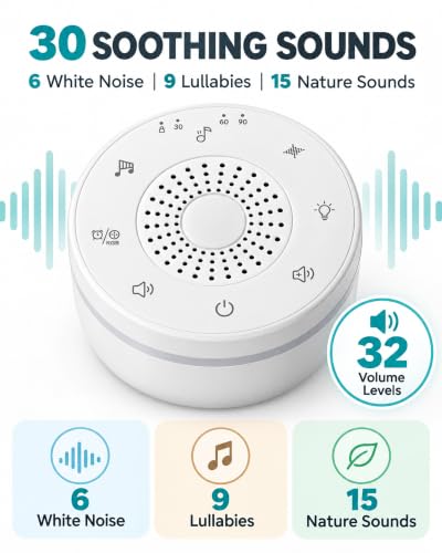 Portable White Noise Machine, Rechargeable Sound Machine for Sleep | 30 sounds, 5-color night light, 32 volume levels, 30/60/90-minute timers, memory, child lock, USB-C charging and lanyard - image 2