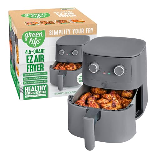 GreenLife 4.5QT Air Fryer, Mechanical Dial Controls, PFAS-Free Ceramic Nonstick Drawer, Adjustable Temp & Timer, LED Indicator, Oil-Less Cooking, Dishwasher Safe, Compact Family Size, Graphite