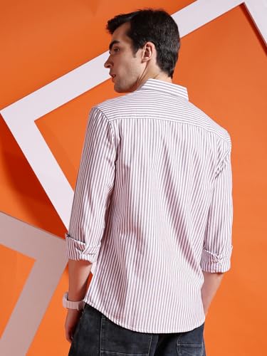 Image of The Indian Garage Co Men Slim Fit Striped Full Sleeves Cutaway Collar Casual Shirt
