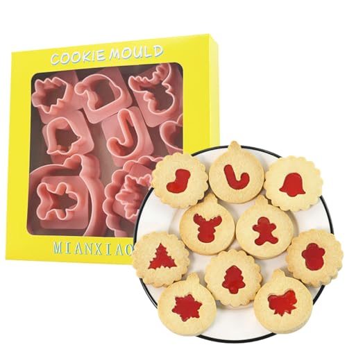 PTaizjjz Mini Christmas Cookie Cutter Set 10 PCS Linzer Cookie Cutter Plastic Biscuit Stamp Cutters for Party Baking DIY Fondant