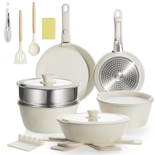 BECIGAR Nonstick Ceramic Cookware Set 21PCS with Detachable Handle, Pans and Pots Set, RV Kitchen...