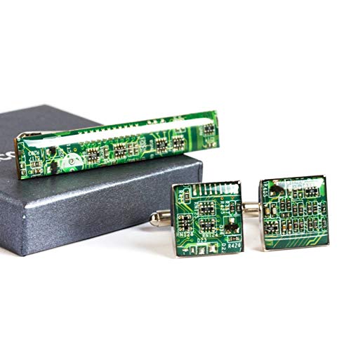 Unique Cufflinks and Tie Clip set, recycled circuit board jewelry for men (Green)