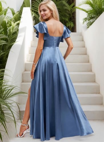 Short Sleeve Bridesmaid Dresses with Pockets Square Neck A-Line Satin Prom Gown Dress for Women with Slit IIF1342