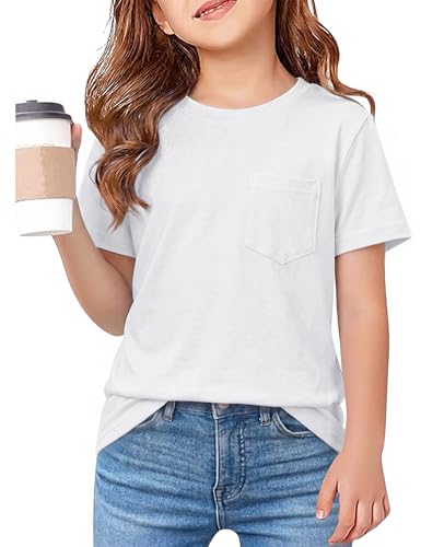 Leversic Kinder Tshirt Mädchen Mädchen Shirt T-Shirt Sommer Kurzarm Basic Tops Einfarbiges Rundhals Kinder Sport Mit Taschen Tshirt Für 6-15 Jahre