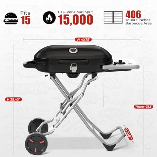 R.W.FLAME Portable Propane Gas Grill, BBQ Grill with Porcelain-Enameled Cast Iron Grates, 406 sq.in. Grilling Areas, 15,000 BTU, Built-in Thermometer, Barbecue Grill for Patio,Party,Black
