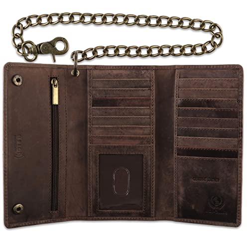 Image of F&L CLASSIC RFID Blocking Mens Tri-fold Long Style Cowhide Leather Steel Chain Wallet,Antique dark brown