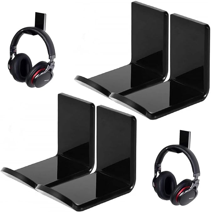 universal wall mount headphone stand holder | adhesive hook for headset, controller, cable | bag organization | sticky under desk/wall hook for pc, (l-shape, pack of 4)