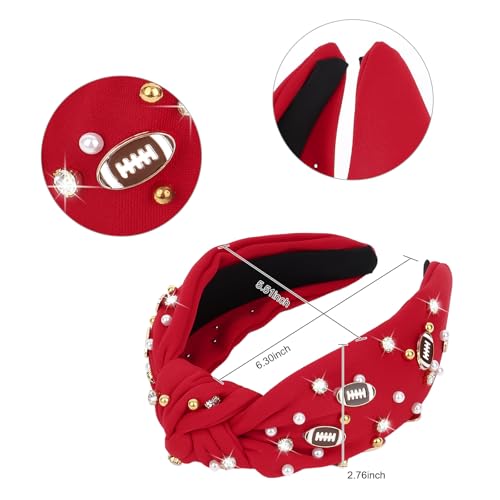 YARIEW Football Headband for Women Pearl Rhinestone Jeweled Knotted Headband Fashion Headband Wide Game Day Sports Hair Accessories Gift for Football Mom Fans Christmas (Red)