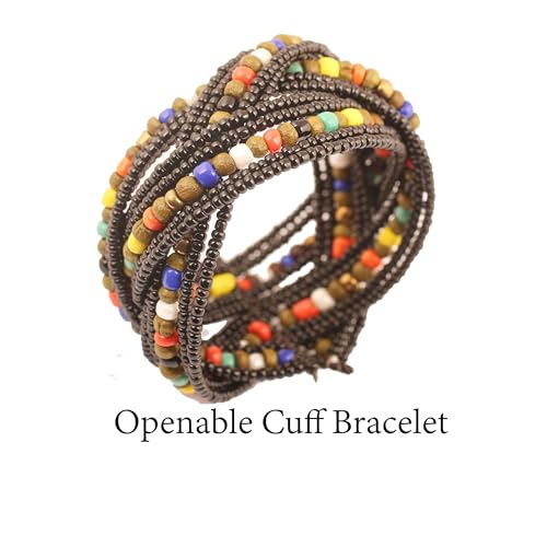 Image of Touchstone Indian Colorful Bead Bracelet Bollywood Beaten Metal Beads Openable Broad Cuff Bracelet in Gold or White Tone for Women.