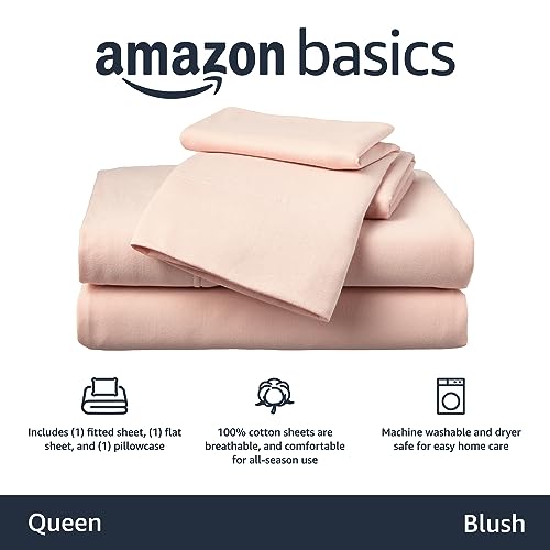 Image of Amazon Basics 4 Piece Breathable 100% Cotton Jersey Knit Bed Sheet Set, Includes Flat and Fitted Sheets, Pillowcase, Queen, Blush