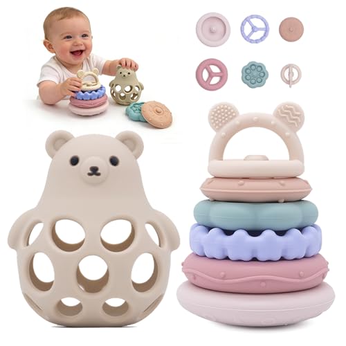 Image of Baby Silicone Stacking Toys,Soft Teething Bear Learning Toy for 6M+,Beige | Sensory Toys for Highchair,Bear Teether & Stacker Rings Toy,Baby Table Toys,Food Grade Silicon Toy,Baby Shower Gifts