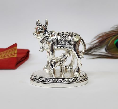 Image of Gold Art India Kamdhenu Cow and Calf Idol | Silver Finish Decorative Murti | 7.62 cm x 7.62 cm | Sacred Gau MATA Statue for Home Temple & Gift