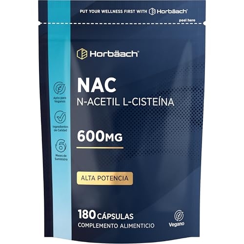 NAC N Acetilcisteína 600mg por cápsula | 6 Meses de Suministro - 180 Cápsulas Veganas | N-Acetil-Cisteína | Alta Biodisponibilidad | Horbaach