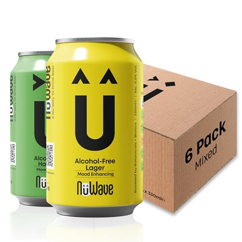 NuWave Alcohol-Free Beer Hazy Pale (73 Cal) + Lager (53 Cal) | 6 Mixed Pack + Mood-Enhancing Botanicals - 0.5% abv, Vegan & Gluten Free | Non Alcoholic Beers | 330ml Cans