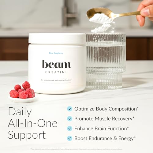 Image of BEAM Creatine Monohydrate Powder - 5g Micronized Creatine Monohydrate, Flavored Creatine for Women & Men, Muscle Strength, Growth & Cognitive Support, Blue Raspberry Flavor, 30 Servings