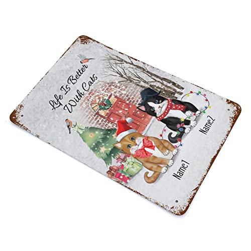 Wodevor Funny Metal Signs Life Is Better With Cats Personalize Cat's Name Metal Signs 8"X12" Cat Lady Cat Gifts Plaque Tin Sign Man Cave Decor #TOP2