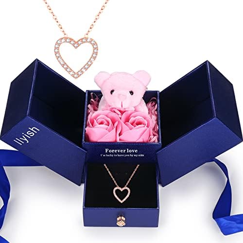 llyish Birthday Women Gifts Artifiial Rose Flowers Bear Gifts Box with Heart Necklaces for Her Mom Girlfriend Wife on Anniversary Mother's Day Valentine's Day
