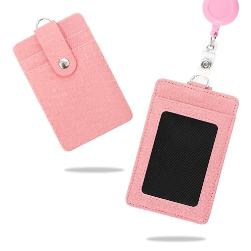 Image of Conisy ID Badge Holder with Retractable Lanyard, Vertical PU Leather ID Badge Card Holder with 2 Card Slots for Women Men (ID Badge Holder Pink)