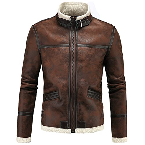 AOWOFS Men's Faux Leather Jacket Brown Motorcycle Bomber Shearling Suede Stand Collar2