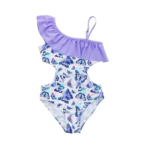 Teen Girls One Piece Cutout Swimsuits One Shoulder Ruffle Bathing Suit Girl Butterfly Tropical Print Beach Swimwear