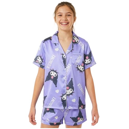 Get Trend Hello Kitty Pijama con Botones Niña, Kuromi Cinnamoroll Ropa de Verano con Camiseta Manga Corta y Pantalones Cortos, Regalos para Niñas (9 10 Años, Morado Kuromi)